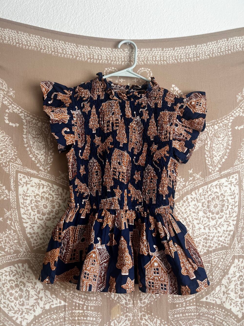 PrintFresh Navy & Copper Palace Print Smocked Peplum Top Size XS